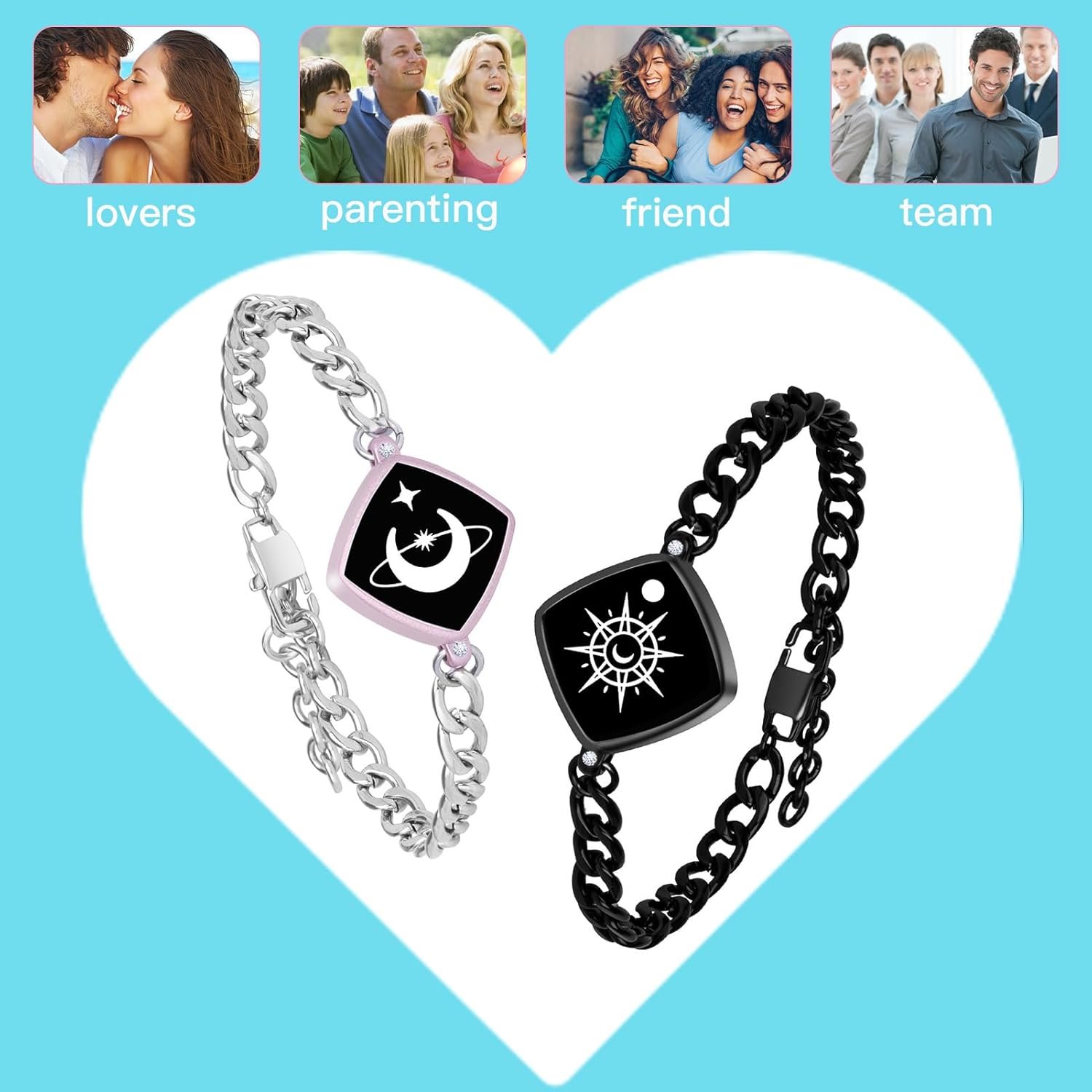 Dacida Long Distance Touch Bracelets Jewelry Set, Remote Smart Connection Love Bracelet,Send SOS SMS Relationship Bracelets Moon Star for Couples Lovers Family Friends Festivals Valentine's Day Gifts Pink - Image 4